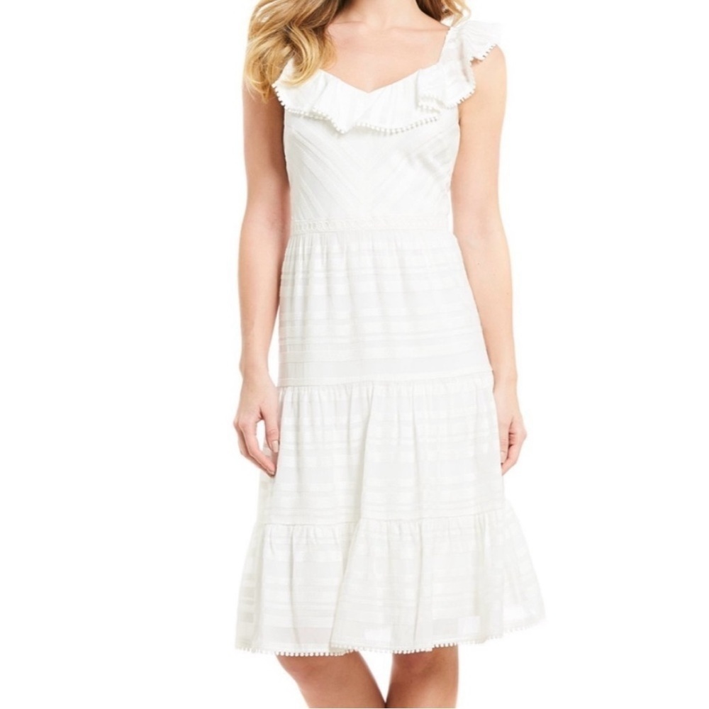 ANTONIO MELANI “kaden dress” Size 6 White Flutter Sleeve V Neck Eyelet Lace